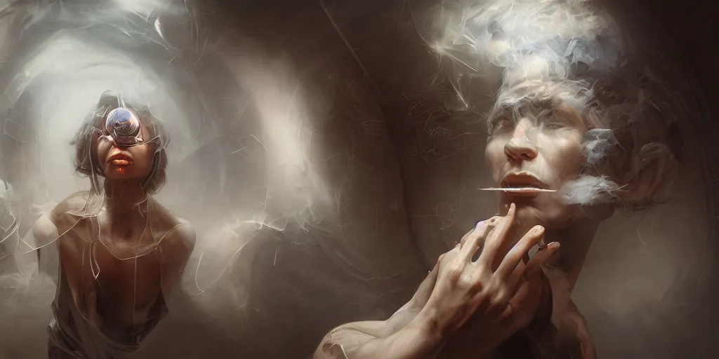 Image similar to hyperrealistic photorealist pose beautiful model god of languidity in a smoke tunnel, dramatic lighting, highly detailed, hyper detailed, 3 d render, hyper realistic detailed portrait, high face symmetry, peter mohrbacher, wlop, ruan jia