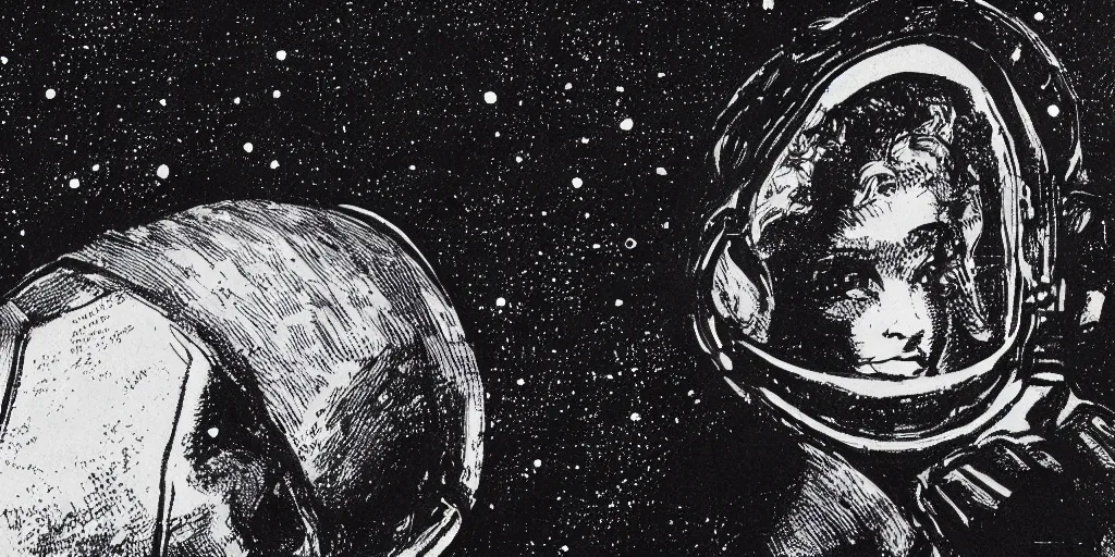 Image similar to etching portrait of a woman wearing a space helmet, scifi, big clouds visible in the background, stars in the sky, high contrast, deep black tones