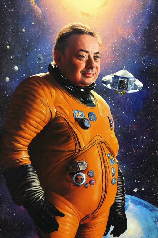 Prompt: portrait of an obese udo kier wearing leather spacesuit, nebula space background and spaceship, illustration by normal rockwell and jacob collins, artstation character art, john berkey, greg rutkowski