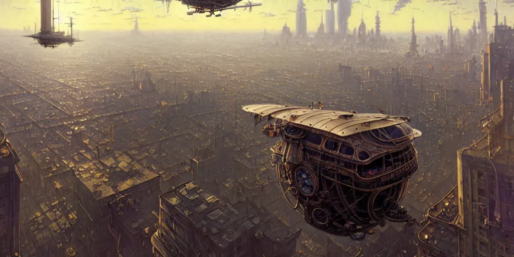 Image similar to steampunk airship above a busy city, exquisite details, denoised, mid view, by norman rockwell, karl kopinski, artsation, greg rutkowski, makoto shinkai, takashi takeuchi, studio ghibli