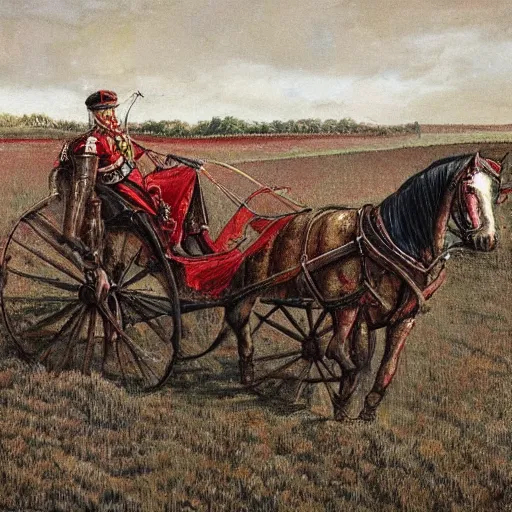 Prompt: a horse drawn chariot rots in a field in flanders, the medals of dead soldiers glisten in the red mud