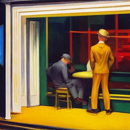 Image similar to a detailed painting, blonde man at a shoe store, edward hopper,