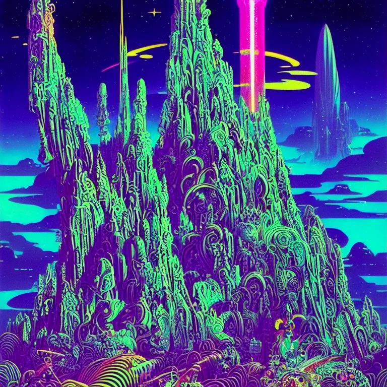 Image similar to mysterious rocket hovers over mythical crystal temple, psychedelic waves, synthwave, bright neon colors, highly detailed, cinematic, eyvind earle, tim white, philippe druillet, roger dean, ernst haeckel, lisa frank, aubrey beardsley