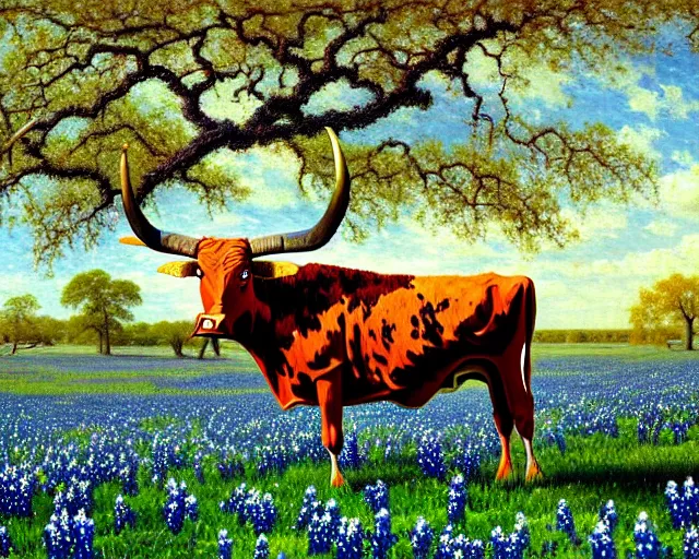 Prompt: an impressionistic painting of a texas longhorn under huge oak tree with spreading branches covering canvas in a field of bluebonnets, in the style of albert bierstadt, digital art, super long shot, concept art