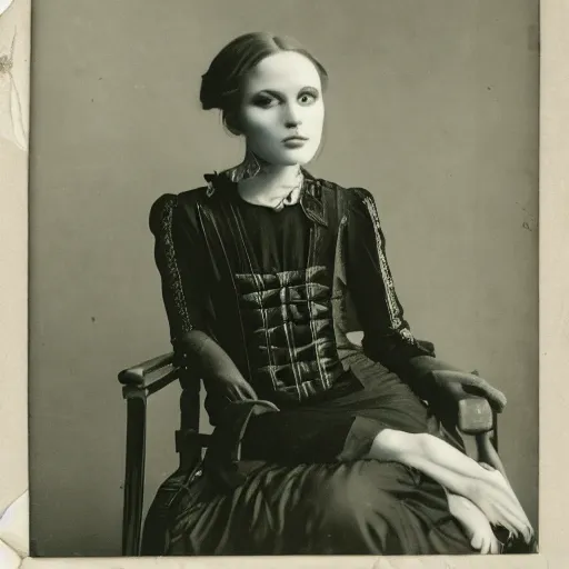 Prompt: photo, young woman, sitting on chair, gothic clothes