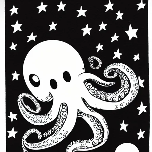 Prompt: relaxed octopus on moon, black and white ballpen drawing, stars