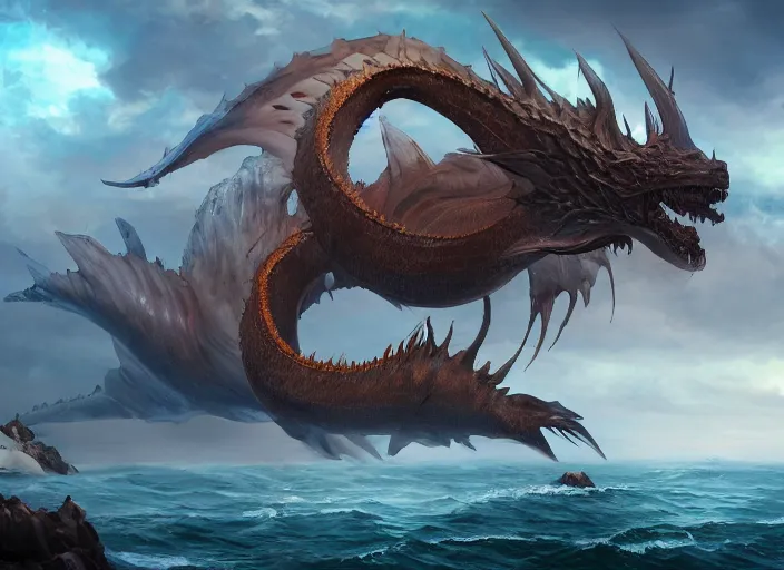 Prompt: detailed concept art of a huge sea dragon by cheng yi and luolin, artstation, artstationhd