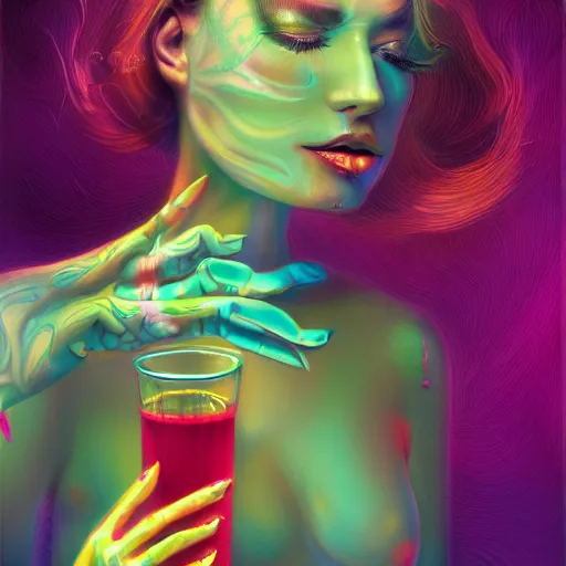 Image similar to an extremely psychedelic wideshot of an woman drinking juice, surreal, lsd, face, detailed, intricate, elegant, lithe, highly detailed, digital painting, artstation, concept art, smooth, sharp focus, illustration