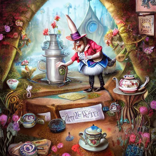 Prompt: alice in wonderland tea party with the mad hatter, march hare, alice, door mouse, lowbrow, matte painting, 3 - d highly detailed, style of greg simkins