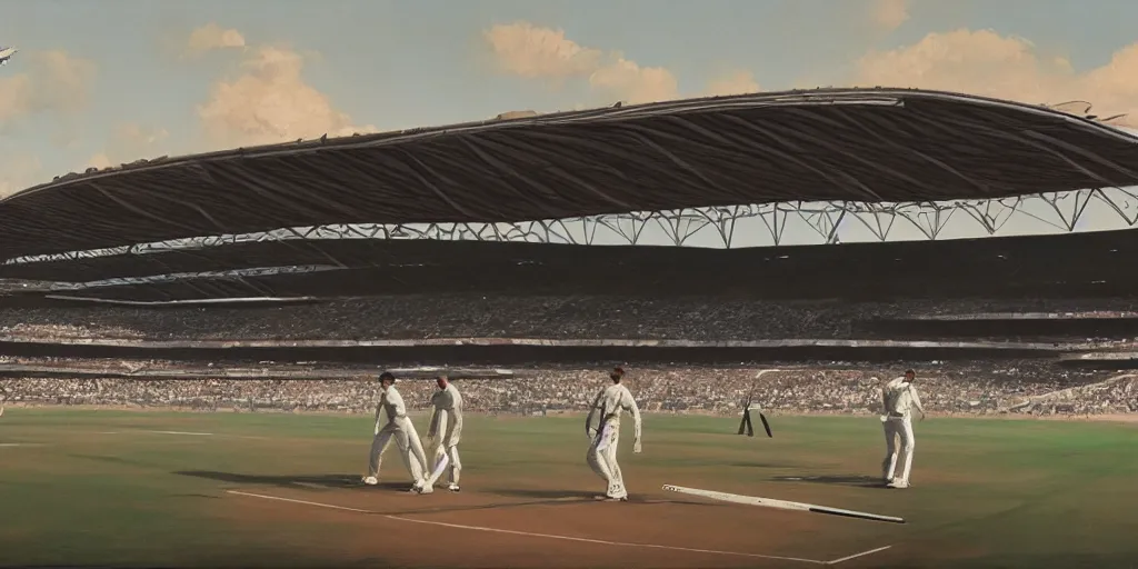 Prompt: a futuristic cricket stadium, syd mead cinematic painting, 4 k