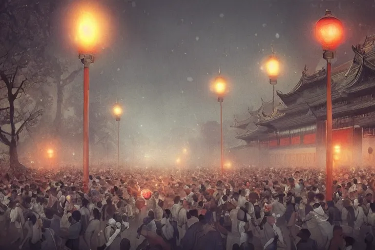 Image similar to crowds on programmers are marching to chinese palace, dark atmosphere, light above palace, digital art, trending on artstation