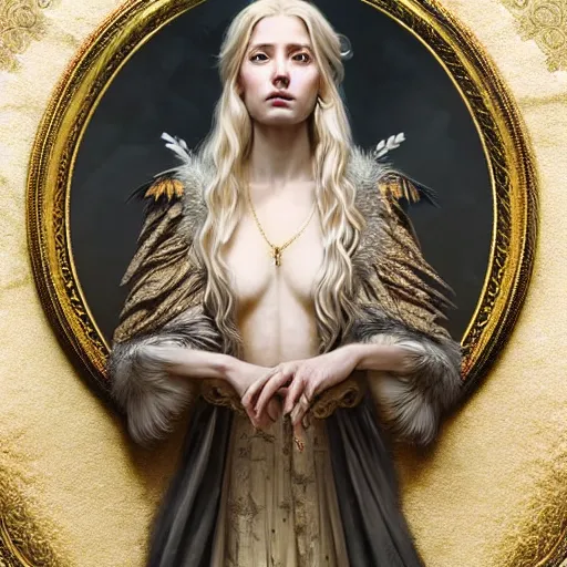 Image similar to portrait painting of a beautiful and regal blonde lady wearing a feathered cloak and noble garments, ultra realistic, concept art, intricate details, eerie, highly detailed, photorealistic, octane render, 8 k, unreal engine. art by artgerm and greg rutkowski and charlie bowater and magali villeneuve and alphonse mucha