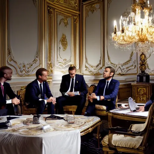 Image similar to Emmanuel Macron having a meeting with reptiles, reptiles, reptiles, reptiles, dramatic lighting, dark image, photography, masterpiece