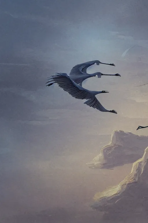 Prompt: A detailed matte painting of two cranes in flight, evening, close-up view, Moebius, Artstation