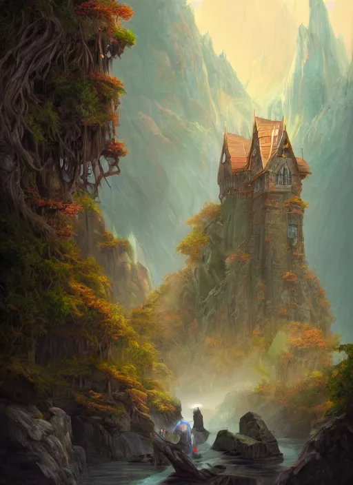 Prompt: A beautiful digital painting of a wizard's tower, crystal lake, lovely valley by Stanley Artgerm Lau, Rossdraws, James Jean, gerald brom, Andrei Riabovitchev, Marc Simonetti, and Sakimichan, trending on artstation