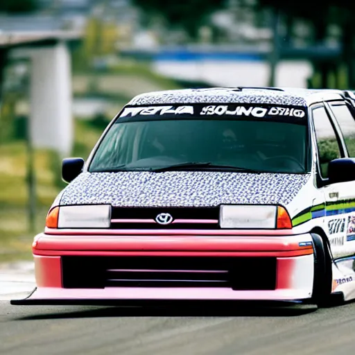 Prompt: 1990s Toyota Sienna with racing tires and racing livery, widebody kit, drifting through nurburgring, photography