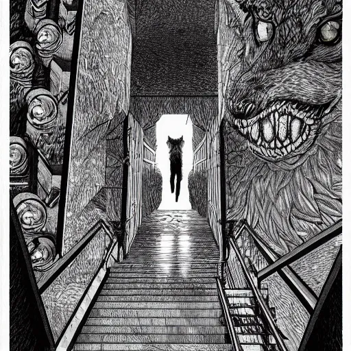 Image similar to a huge howling angry wolf in a huge bright maze of many doorways and lots of stairs, many doorways, inside MC Escher architecture, artstation, Junji Ito, epic composition, detailed background