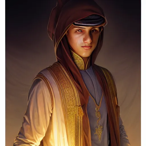 Prompt: illustration of a saudi arabian boy, d & d, fantasy, intricate, elegant, highly detailed, digital painting, artstation, concept art, smooth, sharp focus, illustration, art by artgerm and greg rutkowski and alphonse mucha