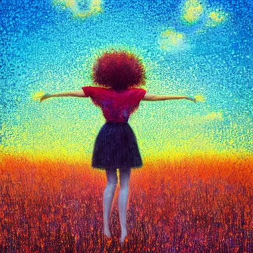 Image similar to large red flowers afro, full body, girl standing in the middle of a field with flowers, surreal photography, hills, sunrise dramatic light, impressionist painting, colorful clouds, digital painting, pointillism, artstation, simon stalenhag