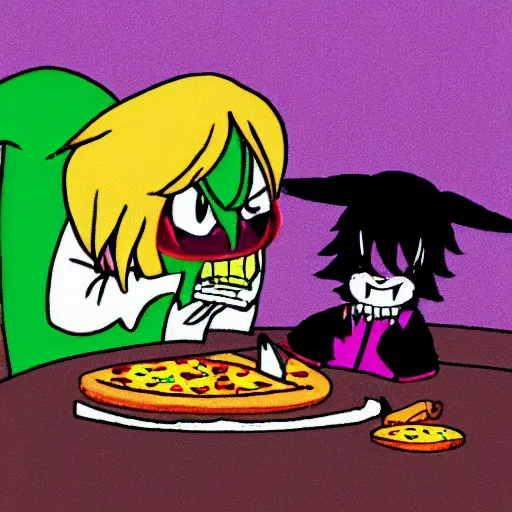 Image similar to ralsei from deltarune eating pizza with asriel from deltarune