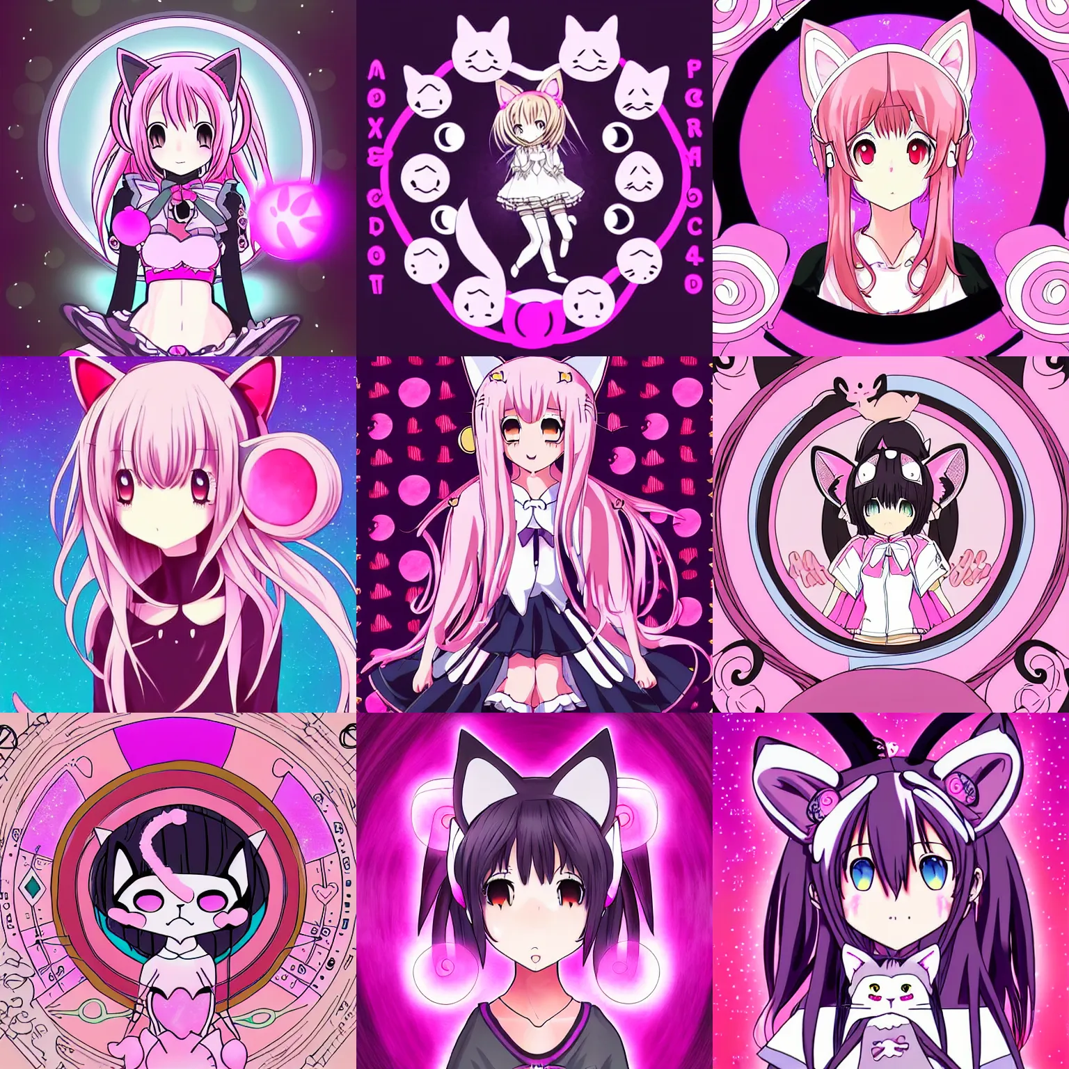 Prompt: digital card art of anime (cat) girl with cat ears surrounded by magic circles. Pink hue. Highly detailed. Beautiful