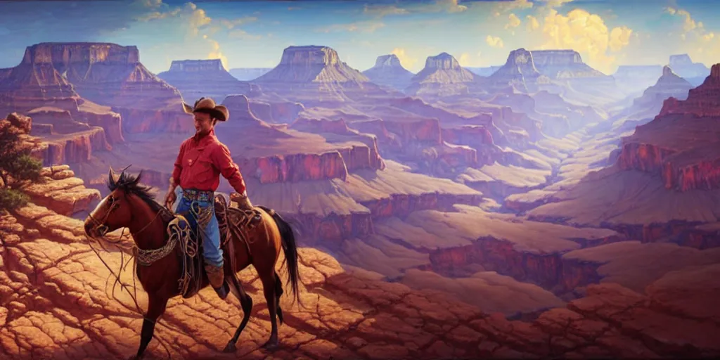 Prompt: cowboy on horseback, grand canyon, vibrant colors, jesper ejsing, james jean, justin gerard, tomasz alen kopera, cgsociety, fenghua zhong, makoto shinkai, octane render, highly detailed, rim light, art, cinematic lighting, very coherent, hyper realism, high detail, 8 k