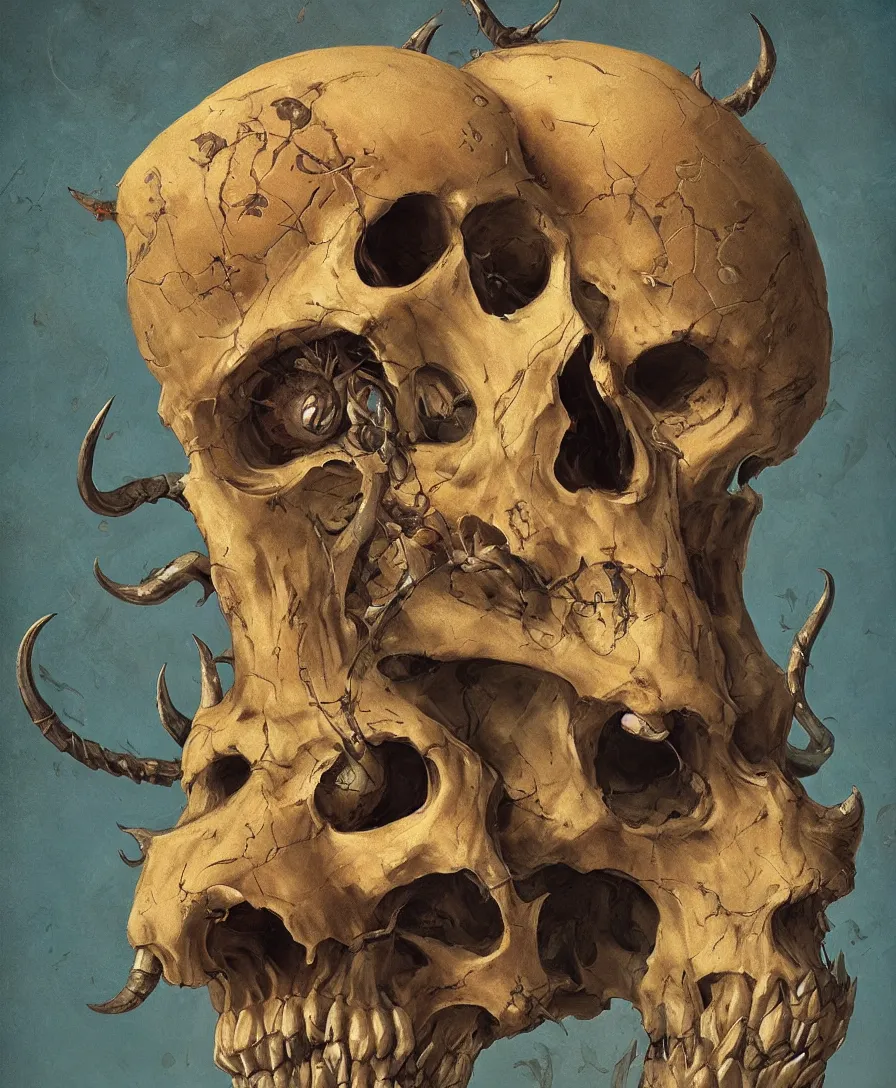 Prompt: portrait close up giant skull and bones devil, illustrated by Simon Stålenhag and Gaston Bussiere, intricate, ultra detailed, photorealistic, trending on artstation
