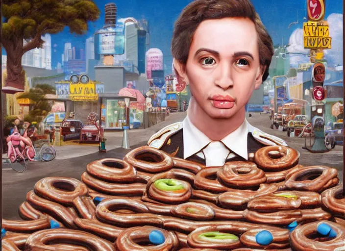 Image similar to a cop made of donuts, lowbrow, matte painting, 3 - d highly detailed, in the style of mark ryden,