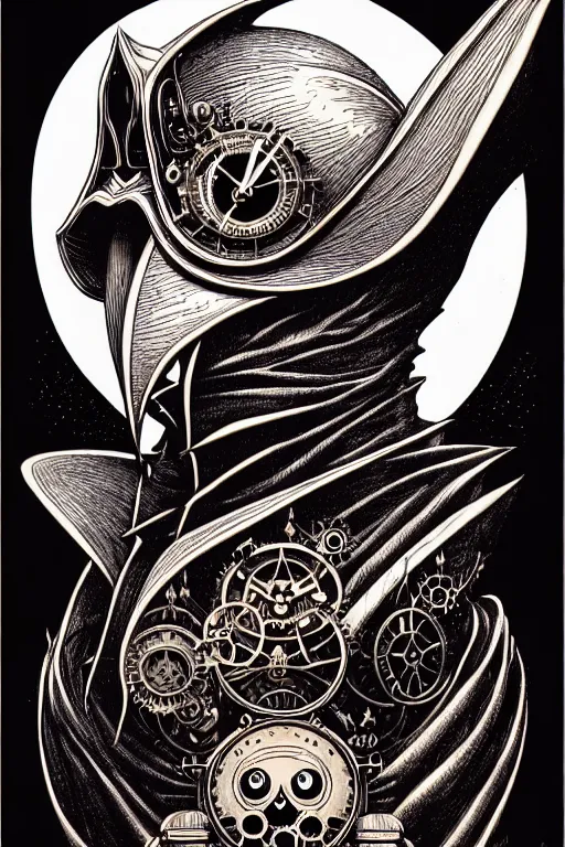 Image similar to side view of majestic steampunk anthropomorphic owl alchemist cloaked wizard, high details, bold line art, by vincent di fate and joe fenton, inking, etching, screen print, masterpiece, trending on artstation, sharp, high contrast, hyper - detailed,, hd, 4 k, 8 k