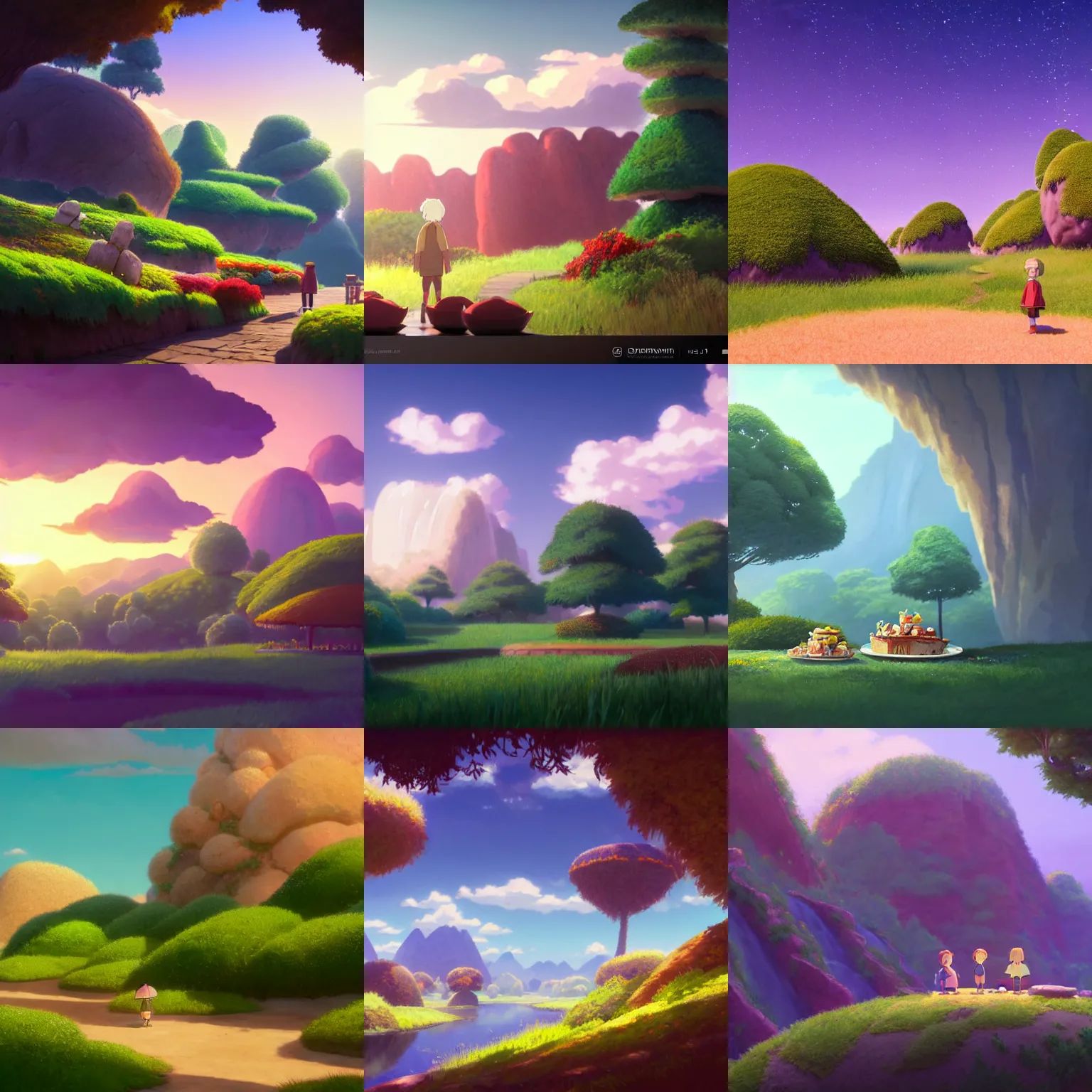 Prompt: a wholesome animation key shot of landscape made out of desserts, medium shot, studio ghibli, pixar and disney animation, sharp, rendered in unreal engine 5, anime key art by greg rutkowski, bloom, dramatic lighting