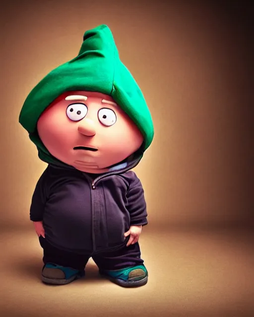Image similar to Studio Photograph of a real life Eric Cartman from South Park shot in the Style of Annie Leibovitz,