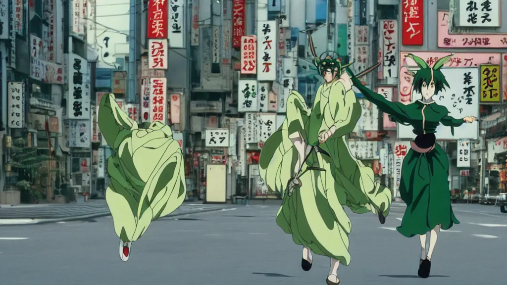 Prompt: a woman wearing a green dress and a praying mantis mask flying in the air in the streets of Tokyo with two swords, anime film still from the an anime directed by Katsuhiro Otomo with art direction by Salvador Dalí, wide lens