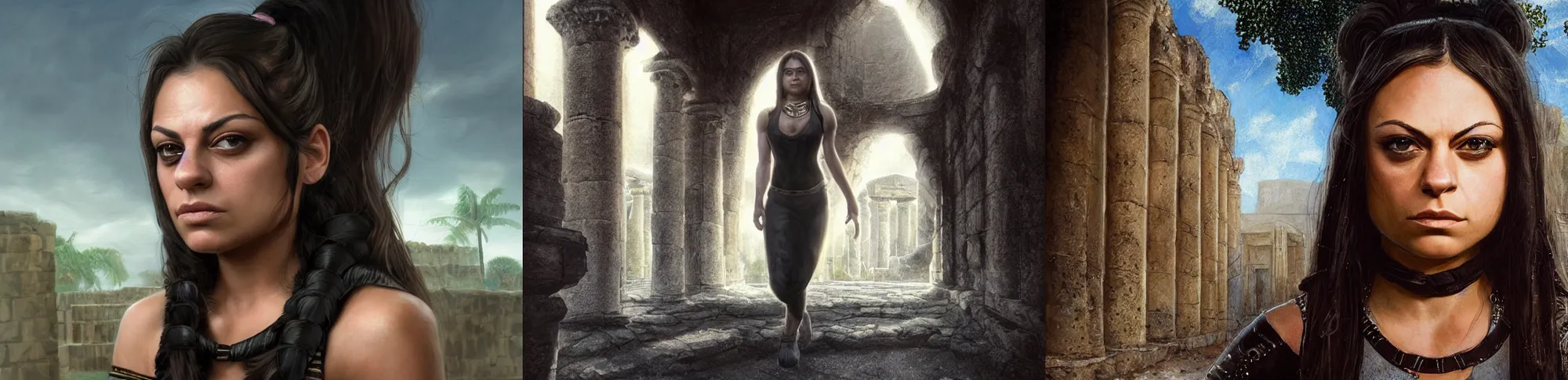 Prompt: portrait of focussed young muscled Mila Kunis with pigtails hair walking out epic ancient ruins directly looking into the camera, wearing black choker, sun beams, intricate, elegant, highly detailed, centered, sharp digital painting, artstation, concept art, smooth, sharp focus, illustration, Allan Lee, John Howe