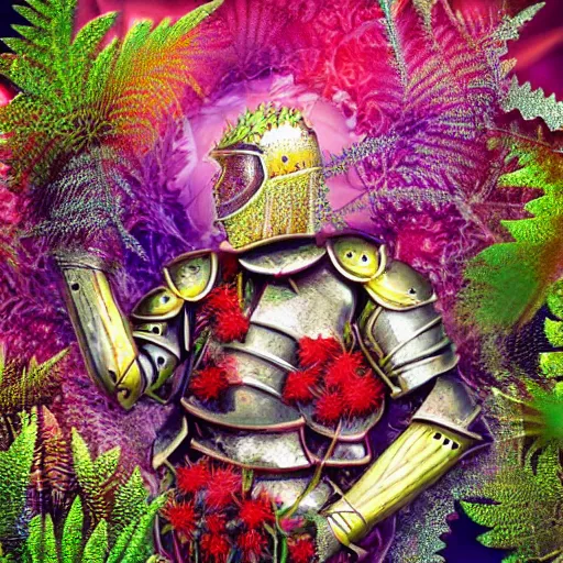 Image similar to a male knight, stern face, clear eyes, shining armour made of steel and flowers, and fractal flowery hair in a fractal garden, glowing delicate flower, berries and ferns that grow in a dark fantasy forest, full frame,