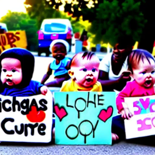 Image similar to babies protesting in front of a daycare center