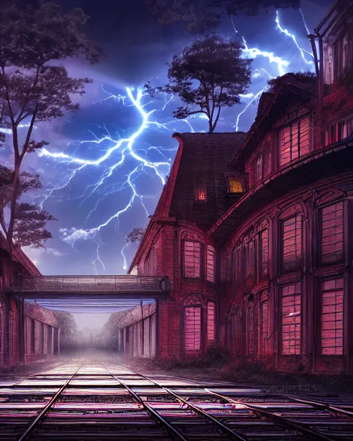 Image similar to a beautiful hyperdetailed anime illustration of railway abandoned city nature building architecture unfinished building by bernard tschumi, lightpaint dramatic lightning thermal vision architecture island tron matte painting reclaimed by nature uranus, archdaily, wallpaper, highly detailed, trending on artstation.