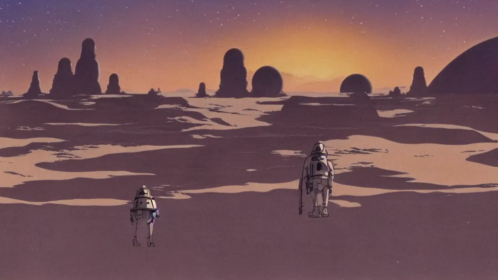 Prompt: promotional still tatooine landscape Star Wars a new hope 1977 studio ghibli Miyazaki animation highly detailed 70mm