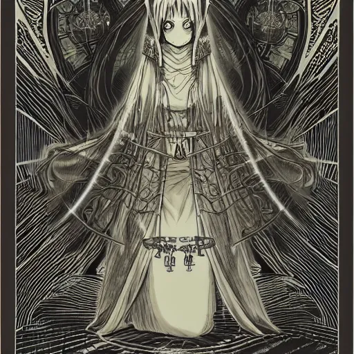 Image similar to precisely drawn illustration of anime hooded high priestess of an earth goddess, old-fashioned tarot card, victorian playing card, sepia tone, wide angle, sharp, fine details, anime, manga, cyberpunk, intense line art, 8k, precise linework, realistic, shaded lighting by katsuhiro otomo ghost-in-the-shell, magali villeneuve, artgerm, rutkowski Jeremy Lipkin and Giuseppe Dangelico Pino and Michael Garmash and Rob Rey