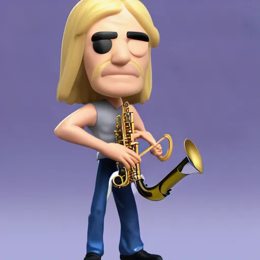 Prompt: a 3d render of blond hippie man playing the sax as a funko pop, studio lighting, grey background