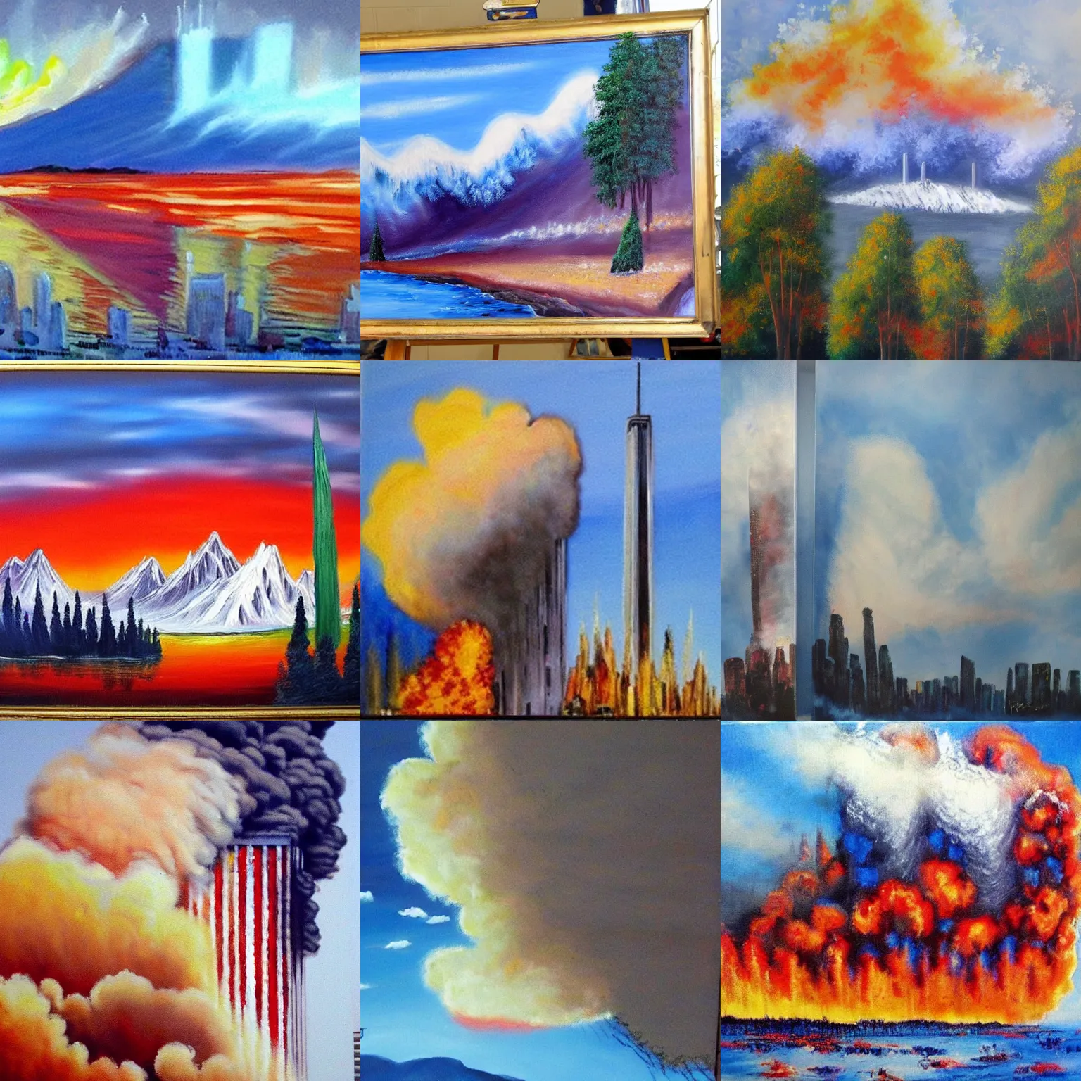 Prompt: 9 / 1 1 painted by bob ross