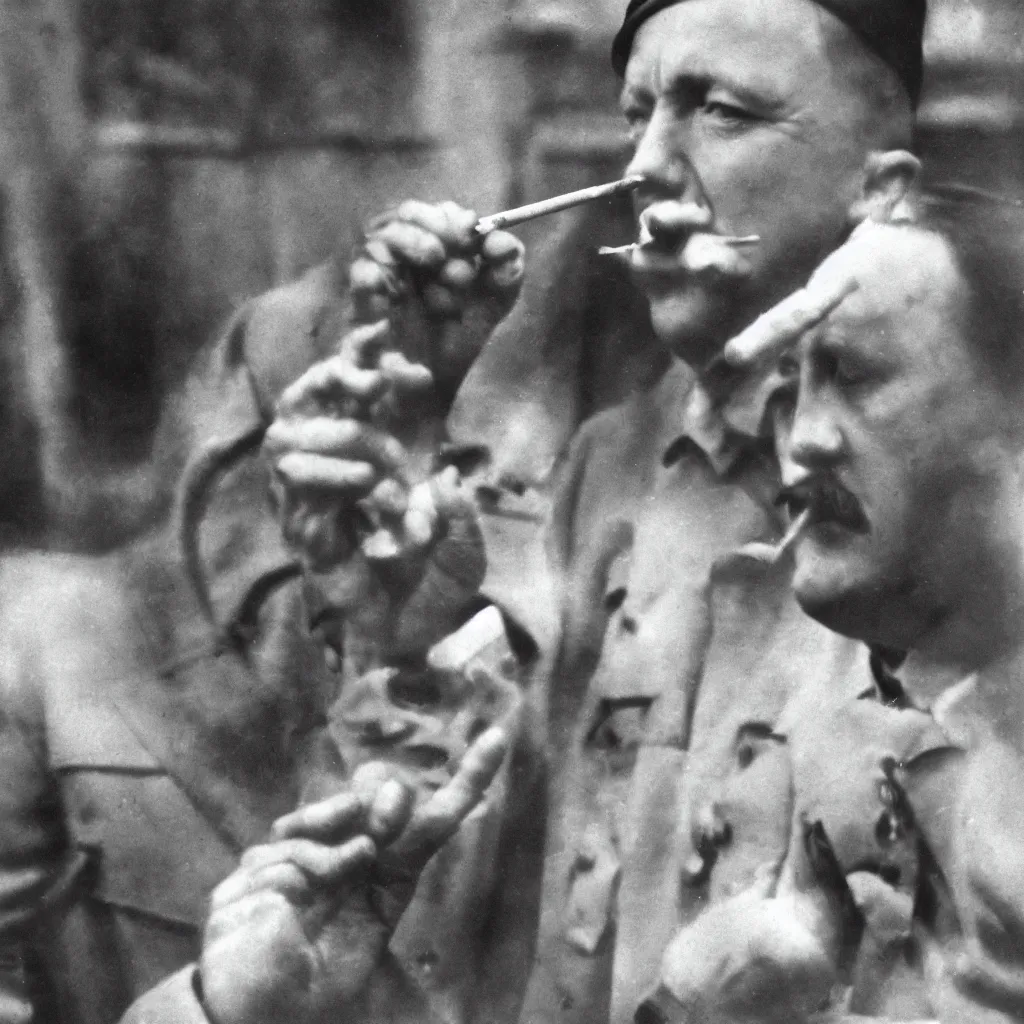 Prompt: a photo of Hitler smoking a big joint, 50mm close up photography, photorealism