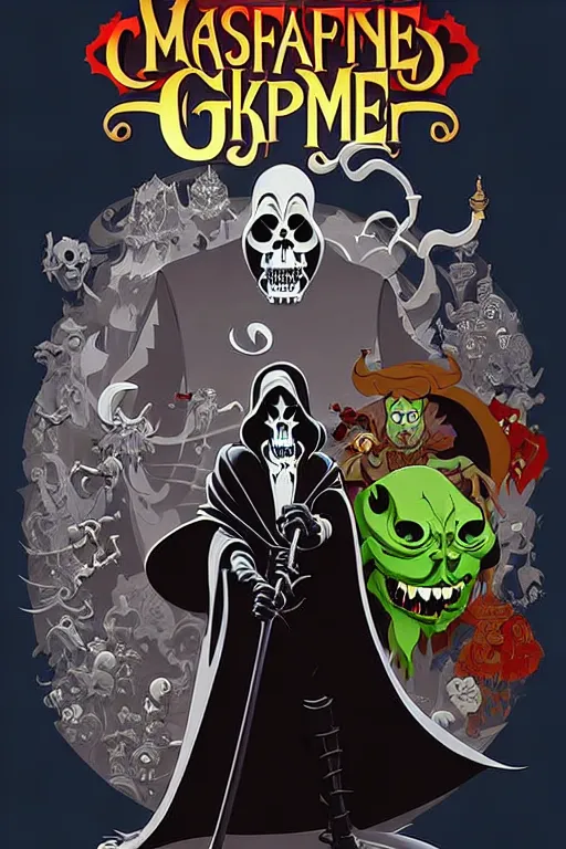 Image similar to video game cover, disney grim reaper dressed with a cape surrounded by monsters and demons, intricate baroque style. by mike mignola, by goro fujita, by octavio ocampo, masterpiece. intricate artwork, very coherent symmetrical artwork, cinematic, pixar studio, smooth gradients, high contrast. full body character, clean ink detailed line drawing