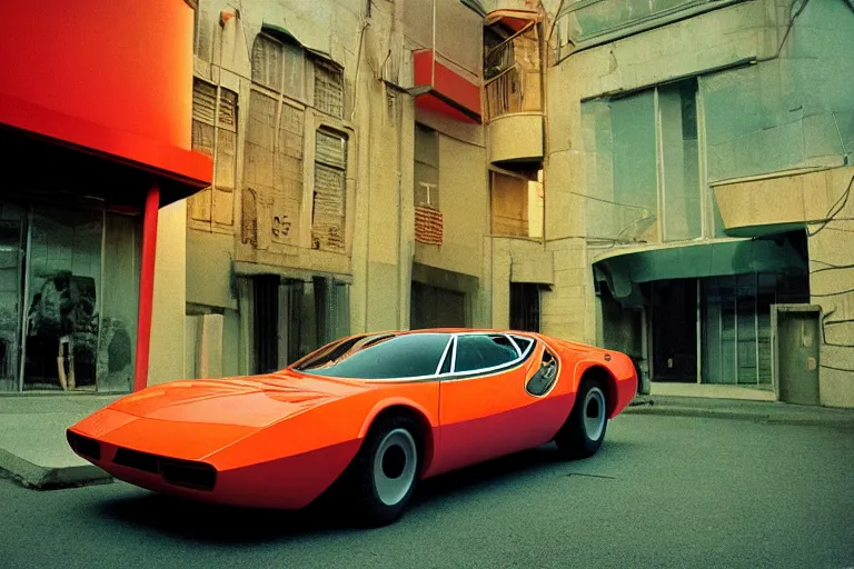 Image similar to designed by Giorgetto Giugiaro stylized poser of a single 1973 Alfa Romeo Montreal, thick neon lights, ektachrome photograph, volumetric lighting, f8 aperture, cinematic Eastman 5384 film