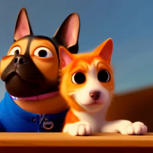 Image similar to a dog and a cat doing crimes, pixar, 8k