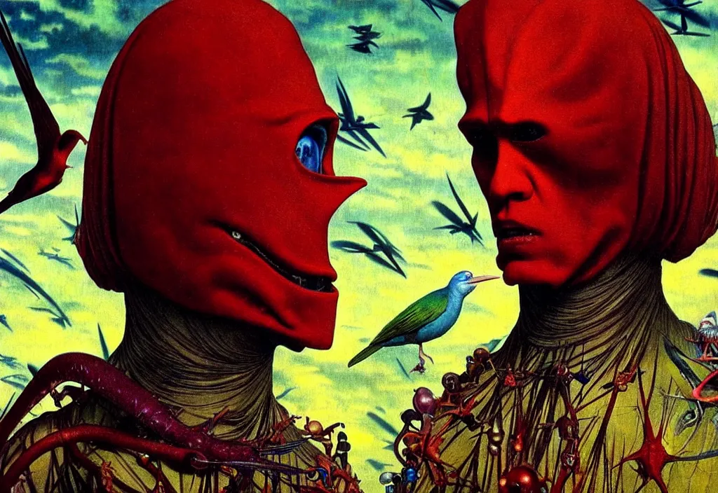 Image similar to realistic detailed portrait movie still of a birdman wearing dark robes, sci fi landscape background by denis villeneuve, amano, yves tanguy, alphonse mucha, max ernst, ernst haeckel, roger dean, masterpiece, rich moody colours, birds, snarling dog teeth