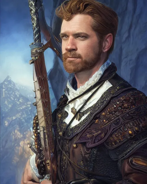 Image similar to white male rogue bard portrait, highly detailed, very intricate, cinematic lighting, closeup painted portrait, by donato giancola and rossdraws and magali villenueve, featured on artstation