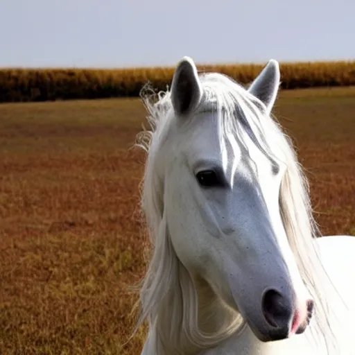Prompt: a photo of a beautiful white horse with long curly hair