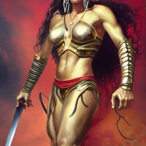 Prompt: detailed oil painting of tall hyper - muscular shining bronze - skinned warrior woman with silver eyes, with large sword, full body, with long wavy flowing black hair and big gold earrings, jewelry, red lipstick, makeup, feminine, volumetric lighting, dynamic composition, art by boris vallejo, scifi, concept art