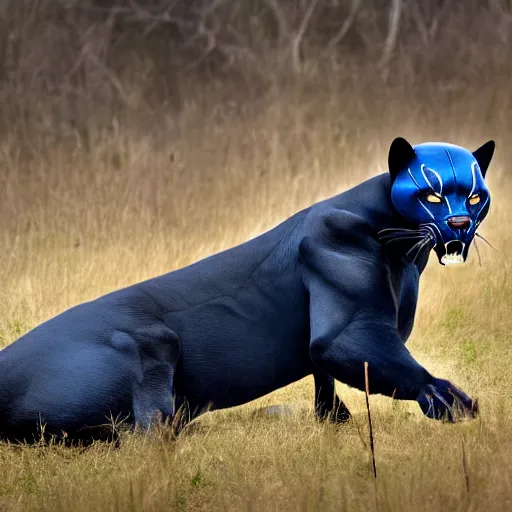 Prompt: nature photography picture of blue and black panther. blood drips from its mouth. a robot lays in a ditch in the background.