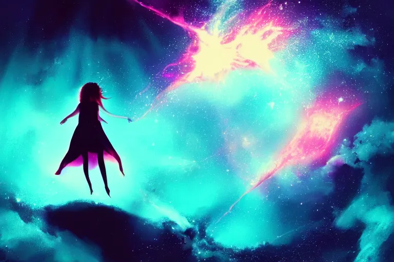 Image similar to silhouette of a girl suspended underwater with long hair, she's exploding into incredible stars and nebula, lens glare, dramatic abstract digital painting, dramatic composition, matte colors, trending on artstation